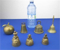 7 Brass Bells: 3 Figural & Apple