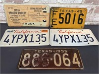 BOX LOT: 5 VINTAGE LICENSE PLATES - 3 TEXAS,