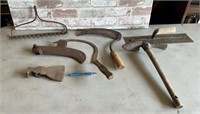 BOX OF ASSORTED VINTAGE TOOLS- SCYTHES,