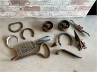 BOX LOT: IRON PIECES - CASTERS, HAY HOOK,