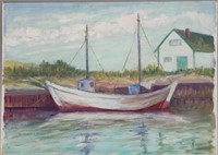 Fishing Sail Boat at Harbour, Oil on Art Board