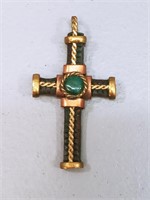 Vtg Leather Brass & Copper Crucifix w/Gemstone