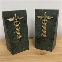 Pair of Marble & Brass Medical Symbol Bookends