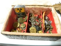 box- .22 bullets, military pins, ring, coin