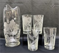 Hawaiian Floral Etched Glass Pitcher and 4 Glasses