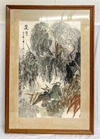 Framed Asian Painting of Birds, Signed, 47"x33"