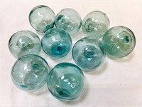 (B) 9 Small Blue Glass Floats, 10" Circumference
