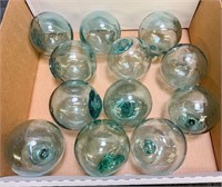 (D) 12 Small Blue Glass Floats, 10" Circumference