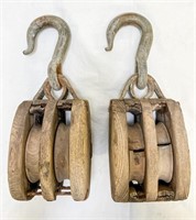 2 Large Vintage Block & Tackle Pulley with Hook