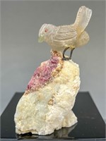 Small Carved Quartz Bird on Tourmaline Perch, 3"