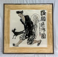 Signed Chinese Original Art, Man with Dog, 36"x36"