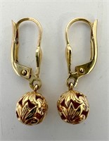 585 Carved Ball Dangle Earrings, 2.48g