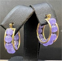 14k Purple Bead Huggie Hoop Earrings, 3.12g
