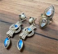 925 Moonstone Earrings & Necklace, 16.29g