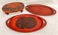 3 items, Red Lacquer Trays with Flower Designs