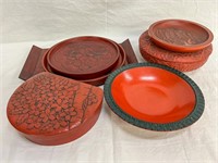 7 items, Red Lacquer Boxes, Bowls and Tray