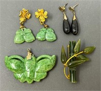 Jade Pendant, Bamboo Brooch, Earrings,  35.42g