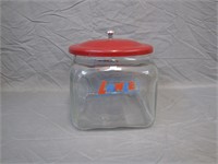 Original Vintage Glass Lance Jar W/Red Metal Lid