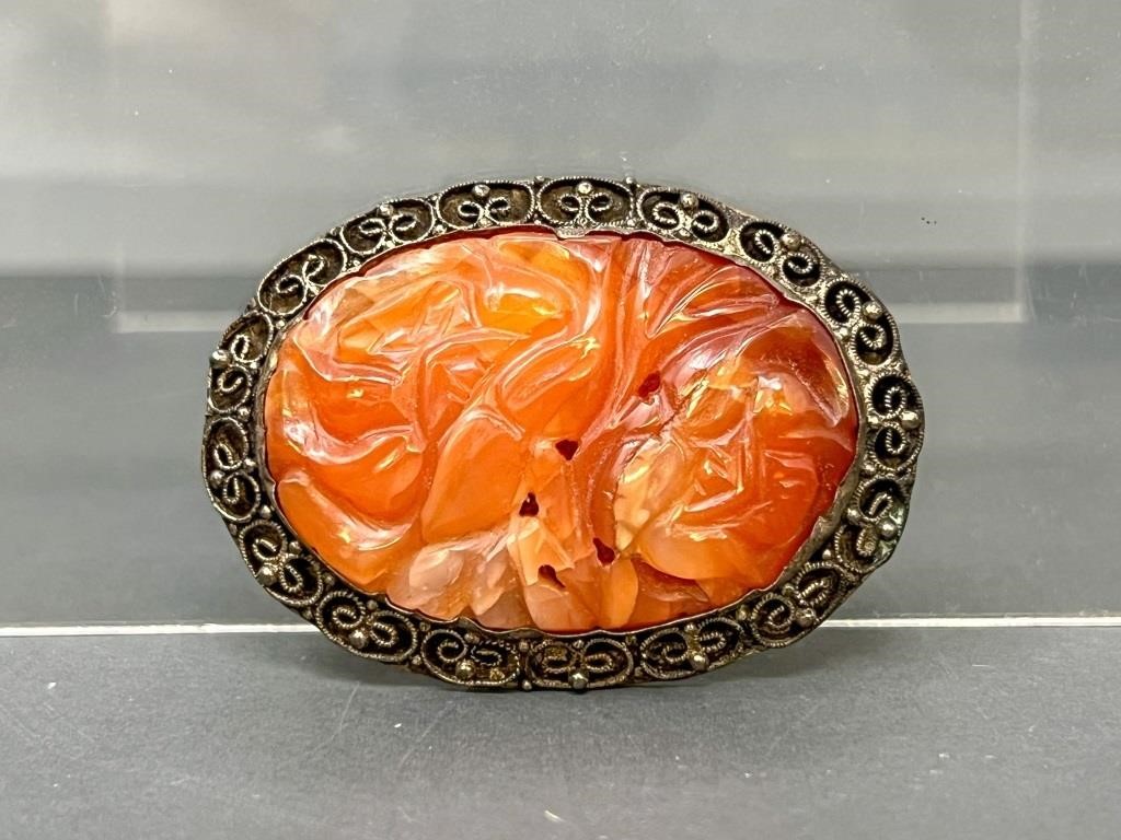 Red Agate Brooch, Marked China, 2" Length, 19.59g