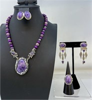925 Purple Stone Necklace, 2 Pair Earrings, Ring