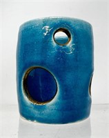 Blue/Gold Glazed Candle Pottery Art, approx 2"
