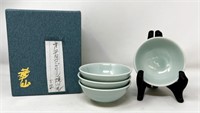 Set of 4 Light Blue/Celadon Stork Tea Bowls,