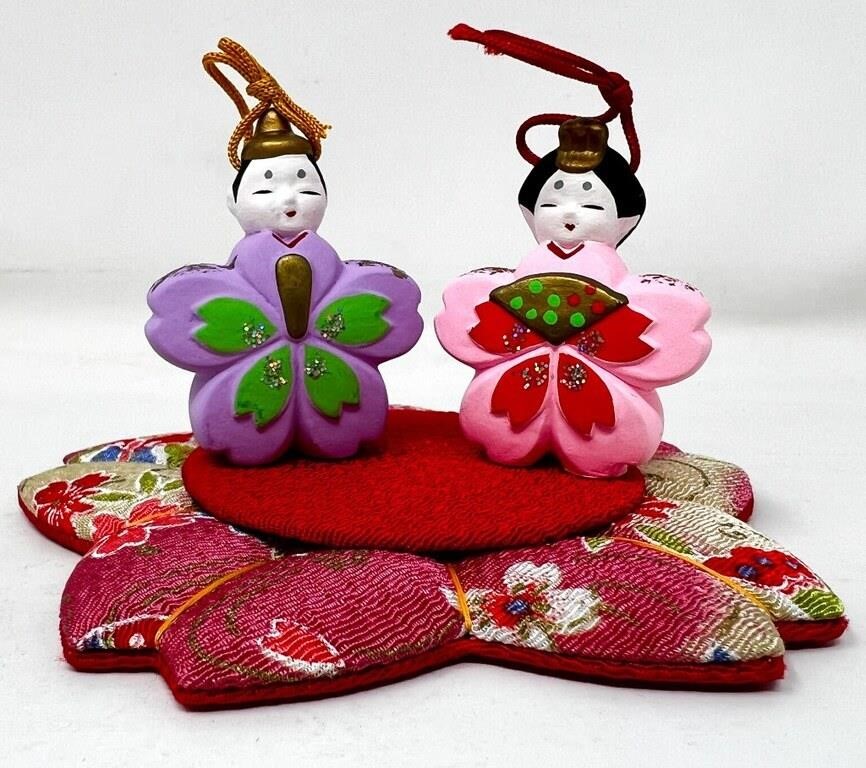 Set of 2 Small Japanese Flower Doll Ornaments