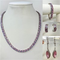 925 Silver Matching Set Pink & Purple Necklace,