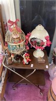 Japanese doll figurine, metal birdhouse, musical