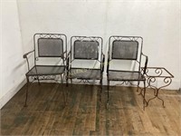 3 METAL CHAIRS WITH  METAL SIDE TABLE