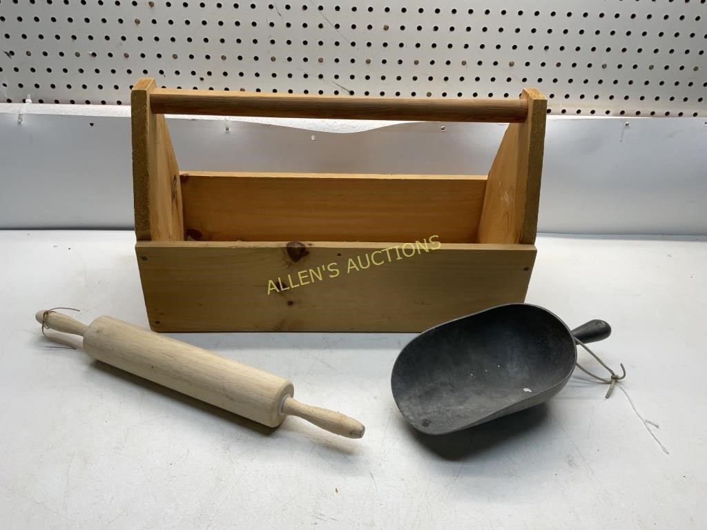 WOODEN TOOL BOX   ROLLING PIN   AND METAL SCOOP