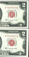 (2 NOTES) $2 1953 United States Note (CHOICE CU)