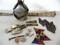 Old Army Canteen, Belt, Patches / Pins, & Canteen