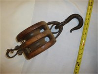 Antique Wood & Cast Iron Large Pulley Block