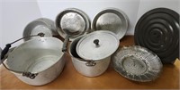 Vintage Cooking Pots, pie pans, strainer