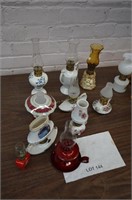 9-miniature oil lamps, mostly procelain base