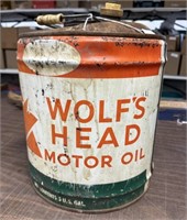 12" tall Vintage Wolf’s Head 5 gal. Motor oil can