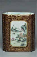 A FAMILLE ROSE BRUSH POT QIANLONG MARK AND PERIOD