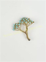VINTAGE 14K GOLD AND TURQUOISE TREE BROOCH