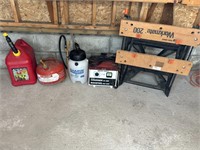 WORKMATE, SPRAYER, GAS CANS, BATTERY CHARGER