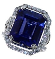 14kt Gold 14.78 ct Radiant Sapphire & Diamond Ring