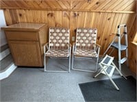STEP STOOLS, BEACH/ LOUNGE CHAIRS, WOOD CABINET