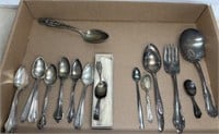 21 PIECES STERLING SPOONS, 8 SILVER PLATE UTENSILS