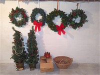 CHRISTMAS WREATHS, PUNCH BOWL AND 2 SMALL TREES