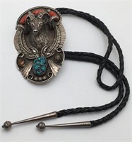 De Luchia Ram's Head Sterling, Turquoise, Bolo Tie