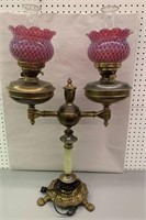 Brass And Alabaster Lamp With Cranberry Shades
