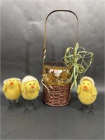 Metal Woven Easter Basket & Three Felt Chicks