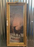 Oil On Canvas Elk Painting In Gilt Lighted Frame