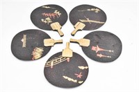 5 Japanese Black Lacquer Wooden Paddle Fans