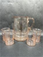 Vintage Pink Glass Pitcher and Cups
